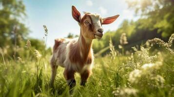 cute goat grazing on green grass in rural meadow photo