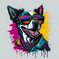 vistoso pintada de un gracioso perro vistiendo un camisa y Gafas de sol. imprimible diseño para camiseta foto