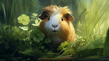 cute guinea pig sitting in the grass eating green plants photo