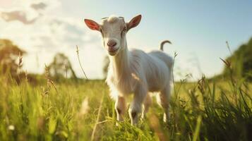 cute goat grazing on green grass in rural meadow photo