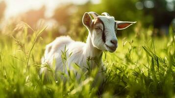 cute goat grazing on green grass in rural meadow photo