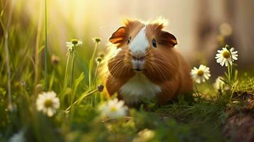 linda Guinea cerdo sentado en el césped comiendo verde plantas foto