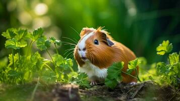 linda Guinea cerdo sentado en el césped comiendo verde plantas foto