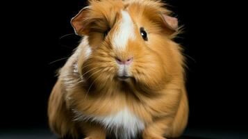 cute guinea pig with fluffy fur black background looking photo