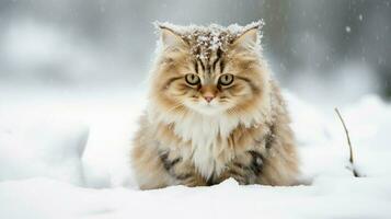 cute kitten in snow staring at camera fluffy and wet photo