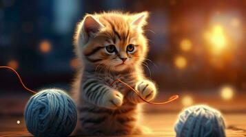 cute kitten playing with a ball of wool indoors winter photo