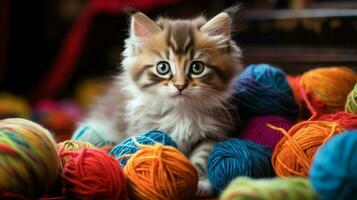 cute kitten playing with colorful wool looking at the camera photo