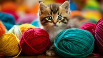 cute kitten playing with colorful wool looking at the camera photo