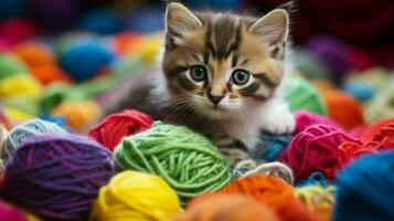 cute kitten playing with colorful wool looking at the camera photo