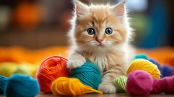 cute kitten playing with colorful wool looking at the camera photo