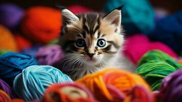 cute kitten playing with colorful wool looking at the camera photo