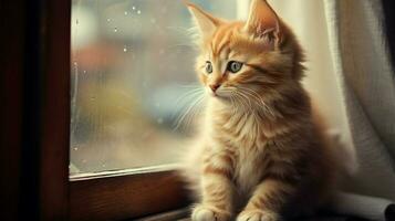 cute kitten sitting by the window staring at the camera photo