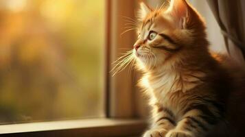 cute kitten sitting by window staring at sunlight photo