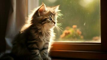 cute kitten sitting by window staring at sunlight photo