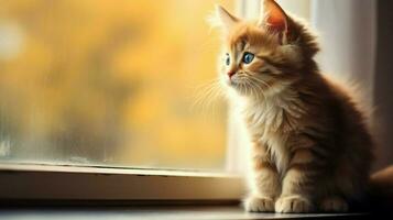 linda gatito sentado por ventana curioso curiosamente foto