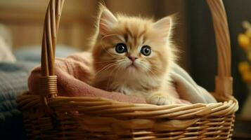 cute kitten sitting in a basket fluffy fur and whiskers photo