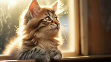 cute kitten sitting by window staring at sunlight photo