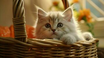 cute kitten sitting in a basket fluffy fur and whiskers photo