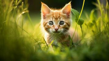 cute kitten sitting in grass looking at camera photo