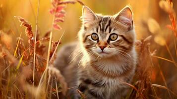 cute kitten sitting in autumn grass staring at camera photo