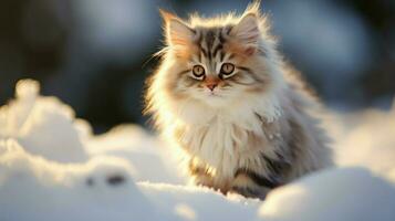 cute kitten sitting in snow looking at camera fluffy photo