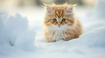 cute kitten sitting in snow looking at camera fluffy photo