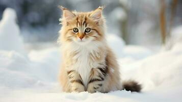 cute kitten sitting in snow looking at camera fluffy photo