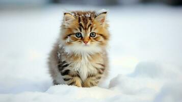 cute kitten sitting in snow staring at camera with curios photo