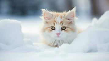linda gatito sentado en nieve curioso a cámara con curiosidades foto