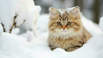 linda gatito sentado en nieve curioso a cámara con curiosidades foto