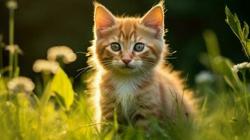 cute kitten sitting on green grass staring at camera photo