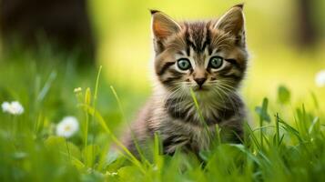 cute kitten sitting on grass staring with curious green photo