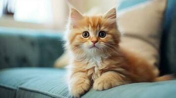 cute kitten sitting on sofa looking at camera fluffy fur photo