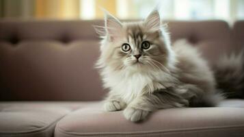 cute kitten sitting on sofa looking at camera fluffy fur photo