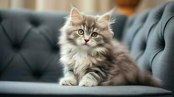 cute kitten sitting on sofa looking at camera fluffy fur photo