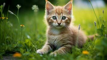 cute kitten sitting on green grass staring at camera photo