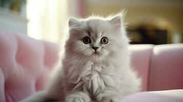 cute kitten sitting on sofa looking at camera fluffy fur photo