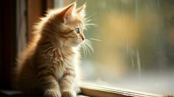 cute kitten sitting on window sill staring through photo