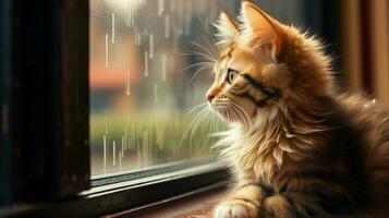 cute kitten sitting on window sill staring through photo