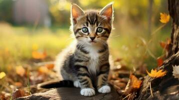 cute kitten sitting outdoors looking at camera with play photo