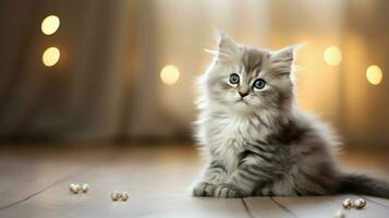 cute kitten with fluffy fur sitting indoors staring photo