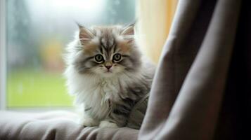 cute kitten with fluffy fur sitting indoors staring photo