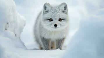 cute mammal looking at camera fluffy fur walking in snow photo