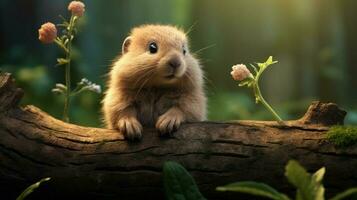 cute mammal sitting on branch looking at green grass photo