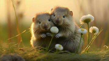 linda mamífero pequeño y mullido sentado en naturaleza herboso foto