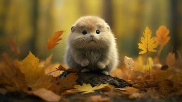 linda mamífero pequeño y mullido sentado en el otoño bosque foto