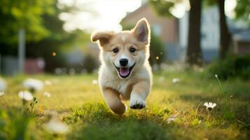 cute puppy walking in the grass looking at the camera photo