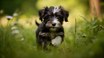 cute puppy walking in the grass looking at the camera photo