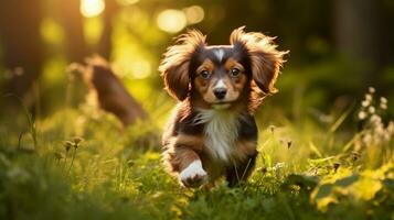 cute puppy walking in the grass looking at the camera photo