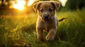 cute puppy walking in the grass looking at the camera photo